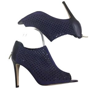 Marc Fisher Women’s 7.5 Blue Suede Heels Peep Toe Laser Cut Leather Back Zip 4”